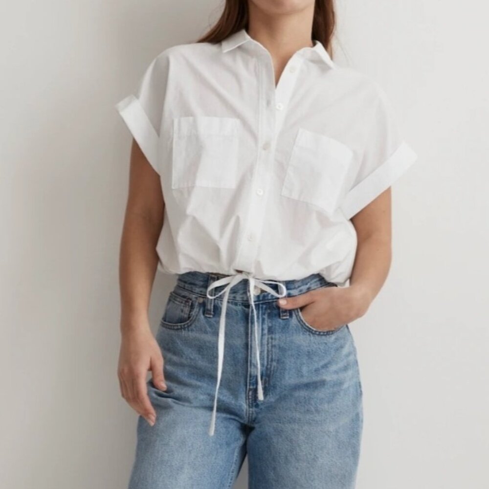 Madewell Signature Poplin Button Up Drawstring Shirt White Minimalist Cotton M